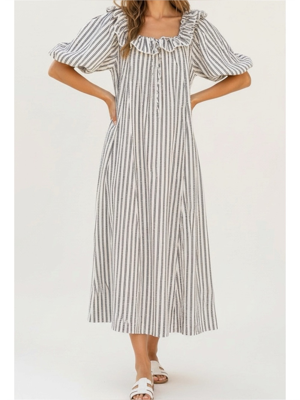 ZOCO. Good Luck Puff Sleeve Dress, Blue Stripes, Small
